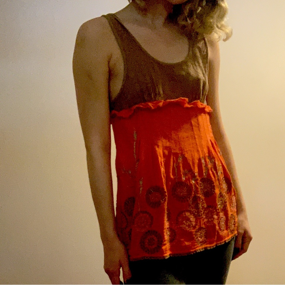 Free People thrifted tank top with embroidery and tie back with button details